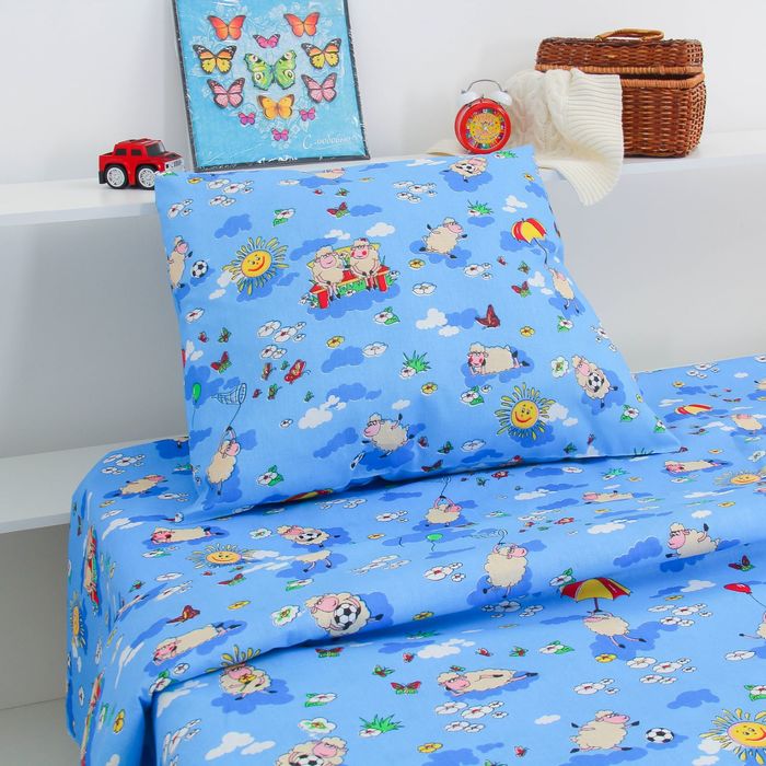 Постельное бельё "Экономь и Я" 1,5 сп. Синие Овечки 145х210 ± 5 см, 150х210 ± 5 см, 50х70 ± 5 см, бязь 120 гр/м²