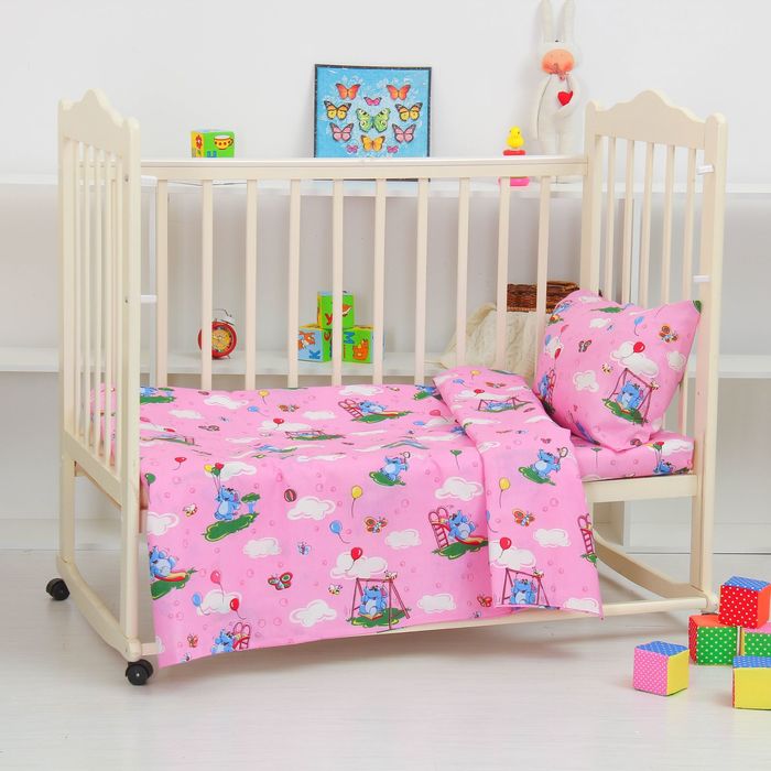 Детское постельное бельё "Экономь и Я" бейби Розовые Слоники 145х112 ± 5 см, 100х150 ± 5 см, 40х60 ± 5 см, бязь 120 гр/м²