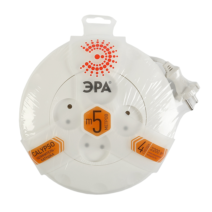 Удлинитель-катушка "ЭРА" UR-4-5m-W,  4 розетки, 5 м, 10 А, без з/к, 2x0.75мм2, белый