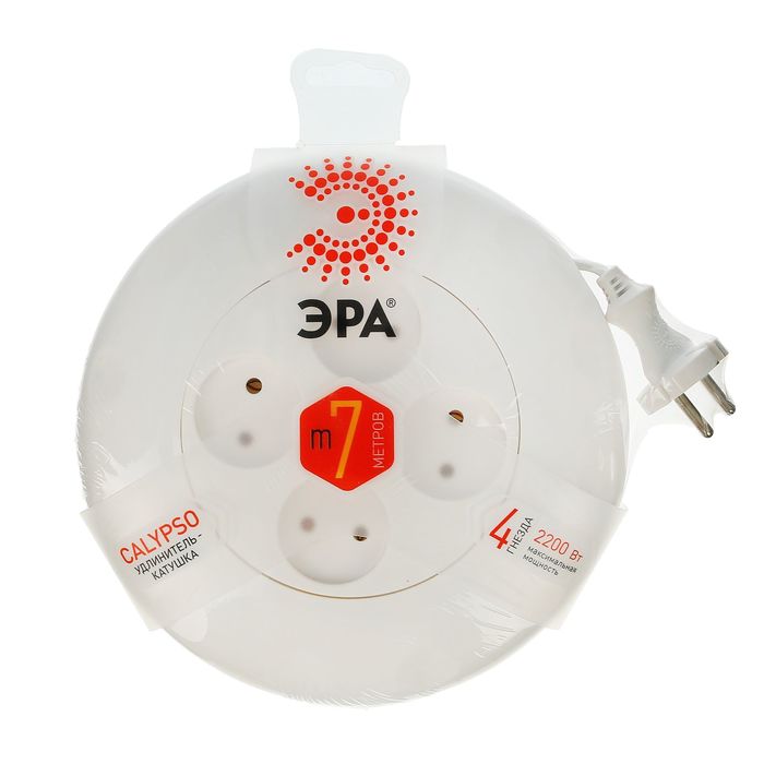Удлинитель-катушка "ЭРА" UR-4-7m-W,  4 розетки, 7 м, 10 А, без з/к, 2x0.75мм2, белый