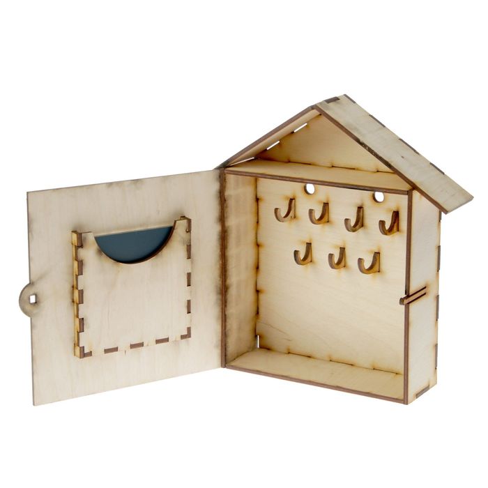 Ключница №4 из фанеры "Домик" с зеркалом, крючками (набор 22 детали) 17х23х6 см