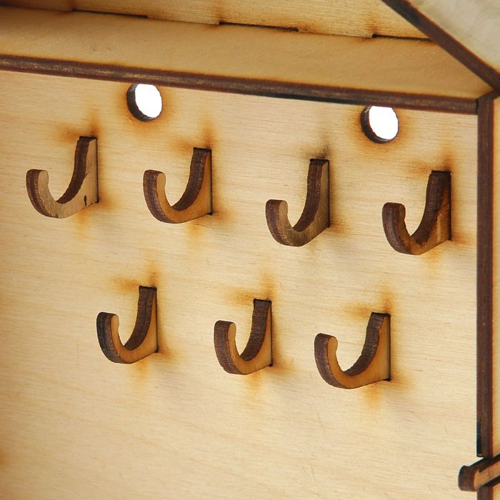 Ключница №4 из фанеры "Домик" с зеркалом, крючками (набор 22 детали) 17х23х6 см