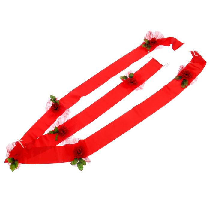 Украшение на капот "3 широкие ленты с цветами", красное, цветы микс