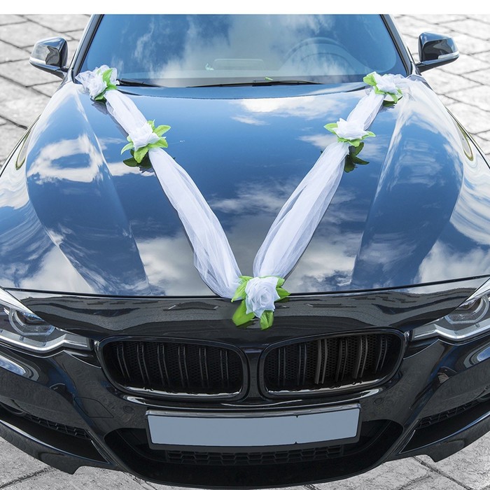 Украшение на капот "Лента перехват с цветами", белое, микс