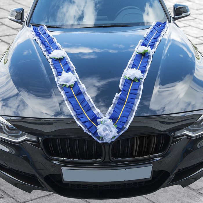 Украшение на капот &quot;Лента волнистая с цветами&quot;, белый/синий