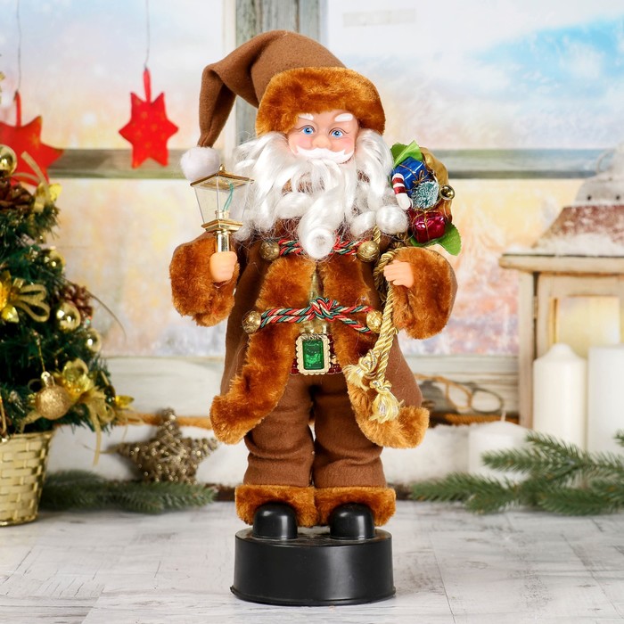 Дед Мороз, с фонарём и подарками, коричневая шубка, с подсветкой, английская мелодия