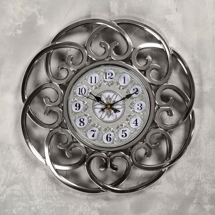 Часы настенные, серия Жанна, рама «завитки сердцами», цифры в кружочках, серебр-е, d=38 см