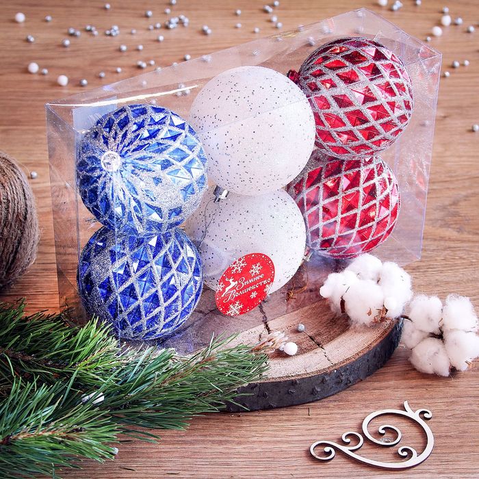 Шары новогодние "Праздничные" d-7,5 см (набор 6 шт)