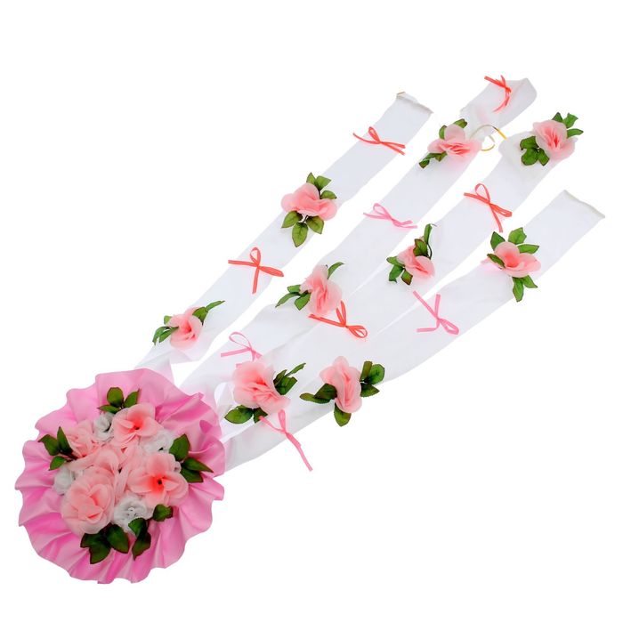 Украшение на капот "Букет и 4 ленты с цветами", розовое с белыми лентами