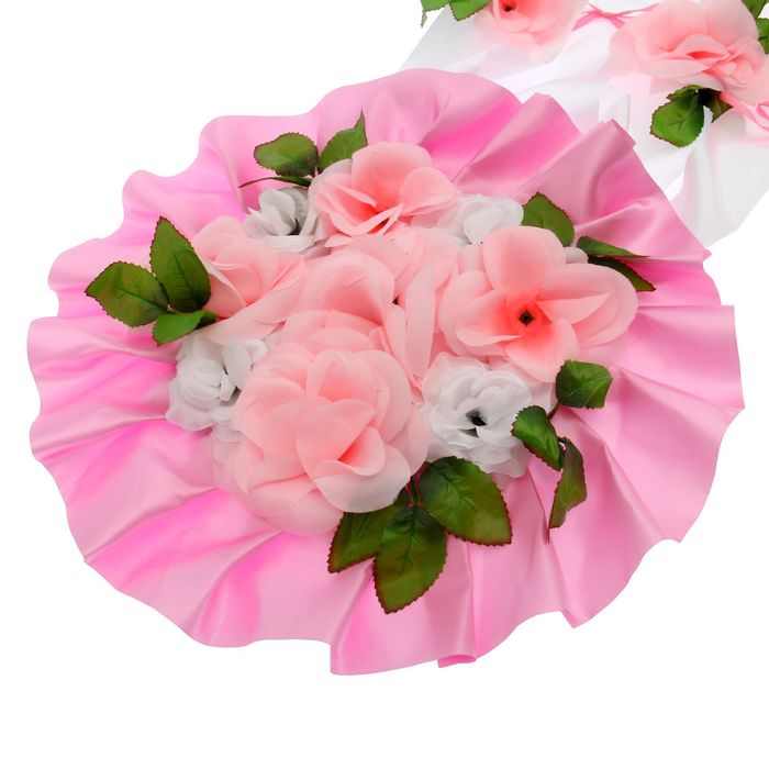 Украшение на капот "Букет и 4 ленты с цветами", розовое с белыми лентами