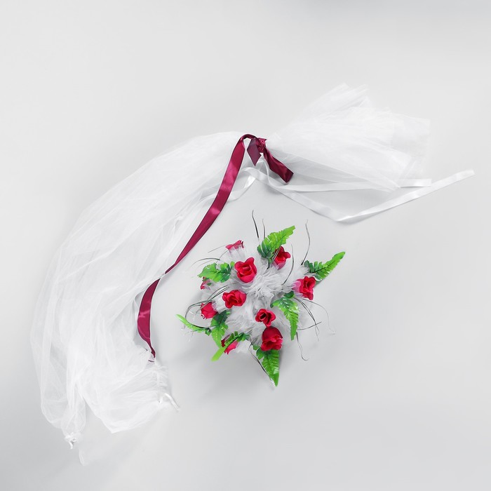 Украшение на капот "Букет большой с фатиновой лентой", белый/красный
