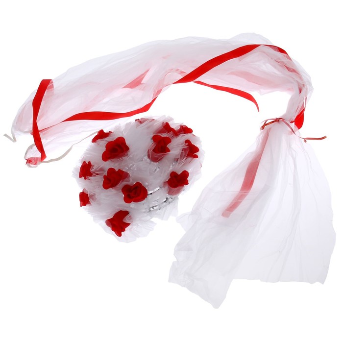 Украшение на капот "Букет большой с фатиновой лентой", белый/красный