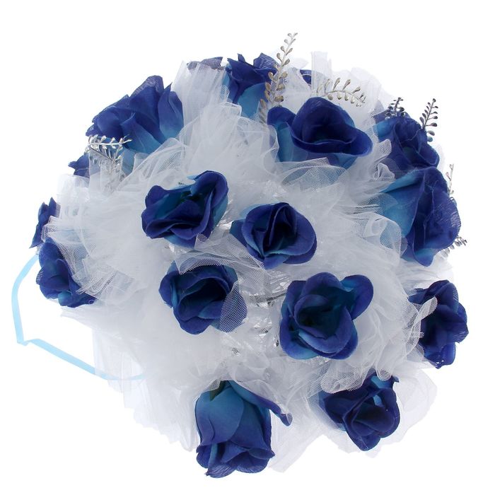 Украшение на капот "Букет большой с фатиновой лентой", белый/синий