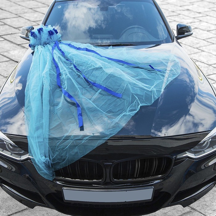 Украшение на капот "Букет большой с фатиновой лентой", голубой/синий