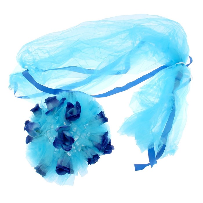 Украшение на капот "Букет большой с фатиновой лентой", голубой/синий