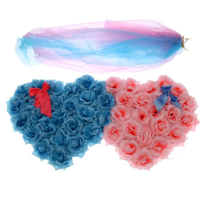 Украшение на капот и радиатор "Два сердца с фатиновой лентой", голубой/розовый