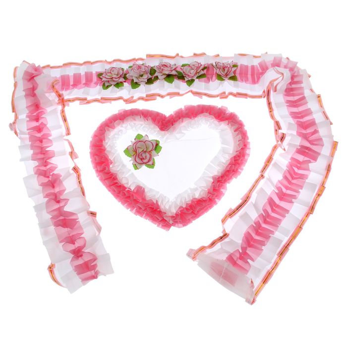 Украшение на капот "Лента и сердце", белый/розовый, золотая каёмка