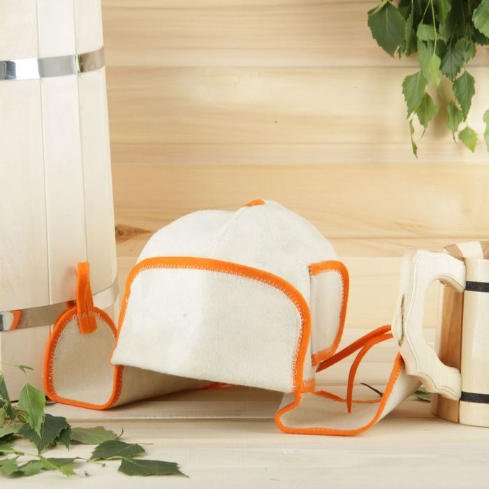 Банная ушанка белая с оранжевым, люкс мягкий