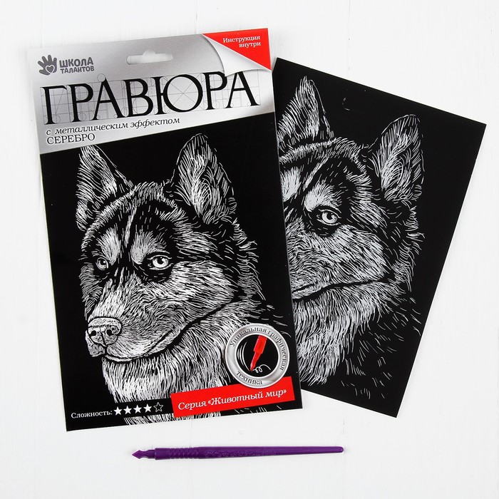 Гравюра "Хаски" с металлическим эффектом - серебро + штихель