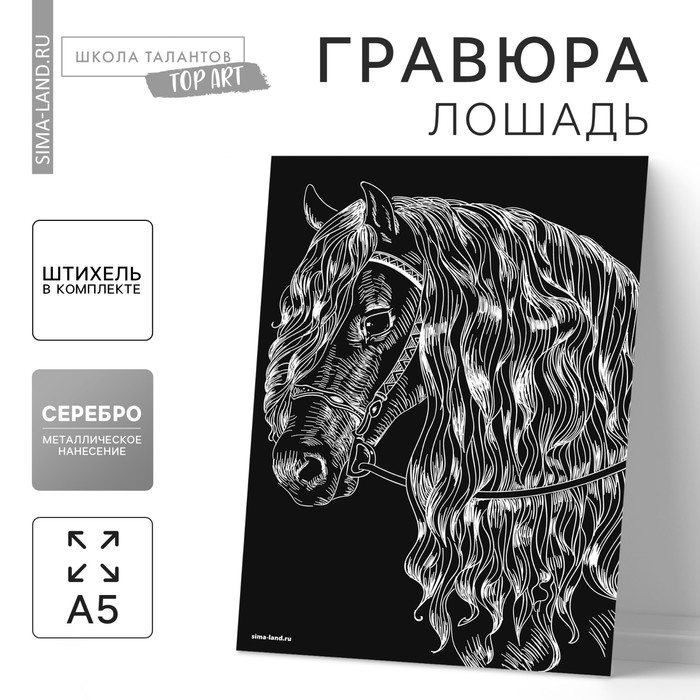 Гравюра «Лошадь» с металлическим эффектом серебра А5 гравюра котёнок и щенок с металлическим эффектом серебра а5