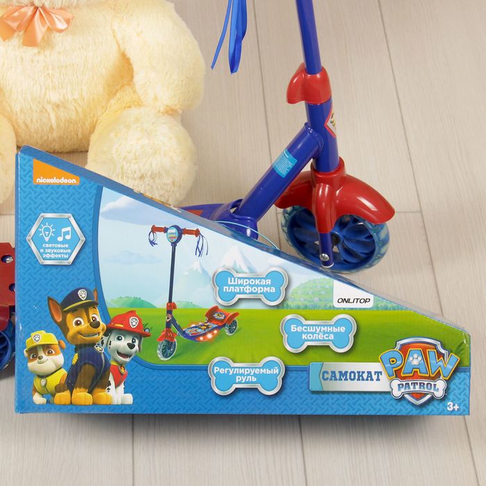 Щенячий патруль. Самокат "КРУТЫЕ ЩЕНКИ" 2017 музыка, свет, три колеса PVC d=130/110 мм,