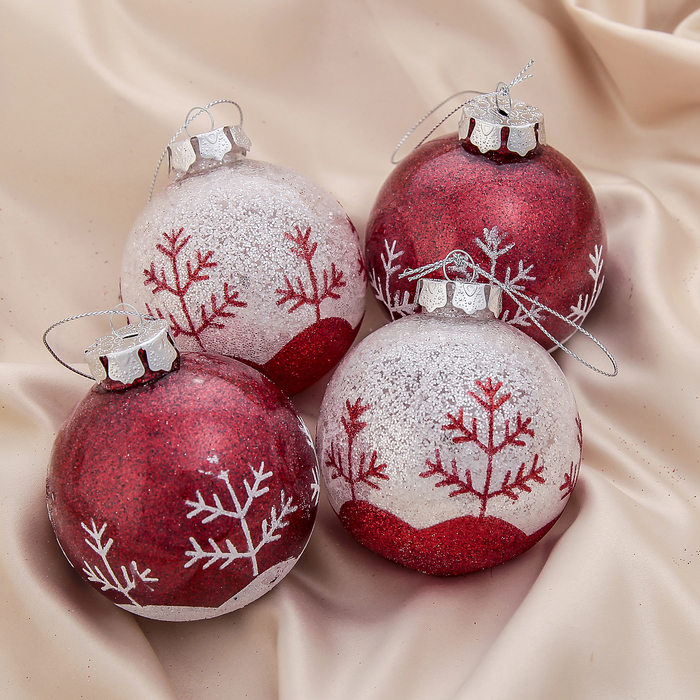 Набор шаров пластик d-8 см 4 шт тиснение деревце