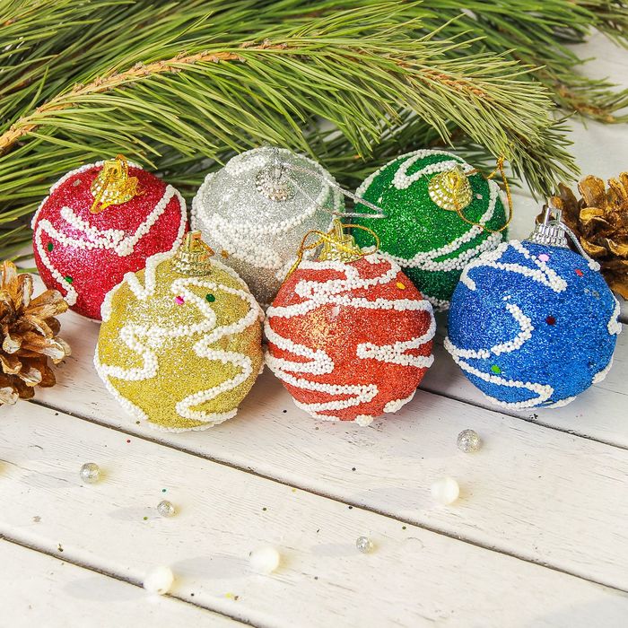 Шары новогодние "Блеск" с посыпкой (набор 6 шт) d-5 см