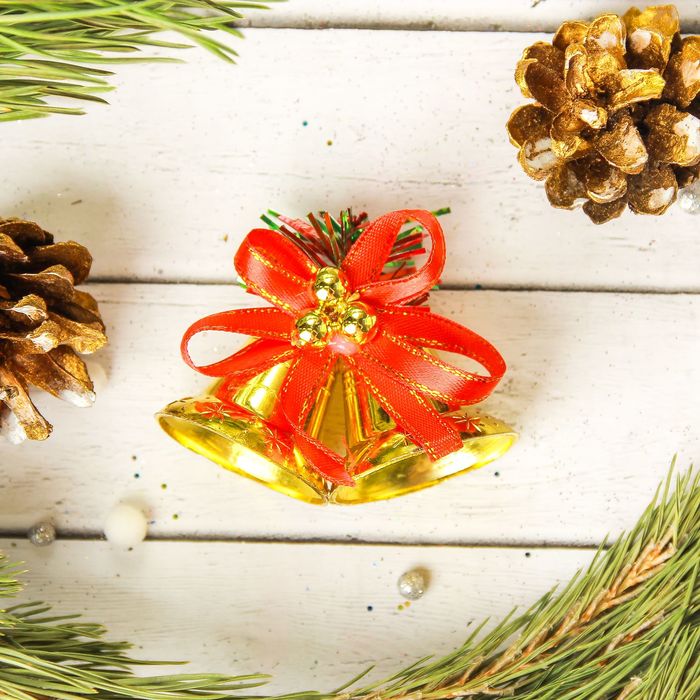 Украшение ёлочное "Колокольчик" (набор 3 шт) 6*4 золотые с красной ленточкой