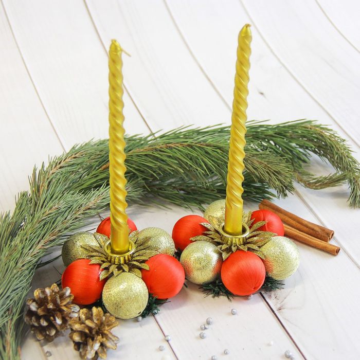 Набор свечей с подсвечником "Красные и золотые шарики" (набор 4 шт) 5*21*15 см