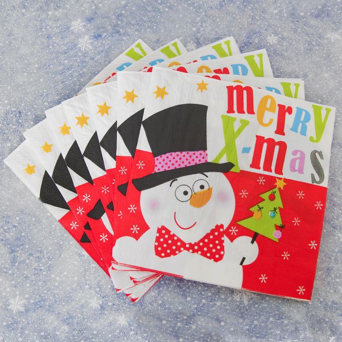 Салфетки бумажные "Снеговик" в шляпе, (набор 20 шт), 33*33 см