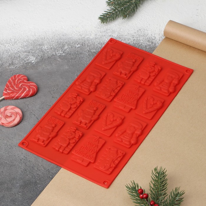 Форма для украшений Доляна «Рождество», силикон, 30×17 см, 16 ячеек, цвет красный форма силиконовая для шоколада 3d доляна подарки под ёлкой 30×30 см 9 ячеек цвет красный