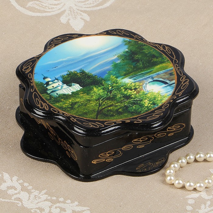 Шкатулка «Церковь у ручья», 16×16 см, лаковая минитюра