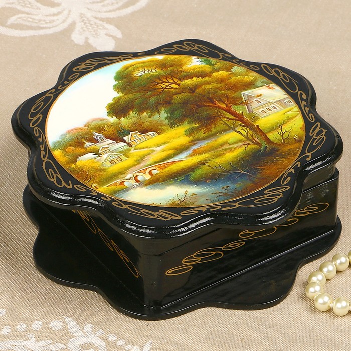 Шкатулка «Церковь в лесу», 16×16 см, лаковая минитюра