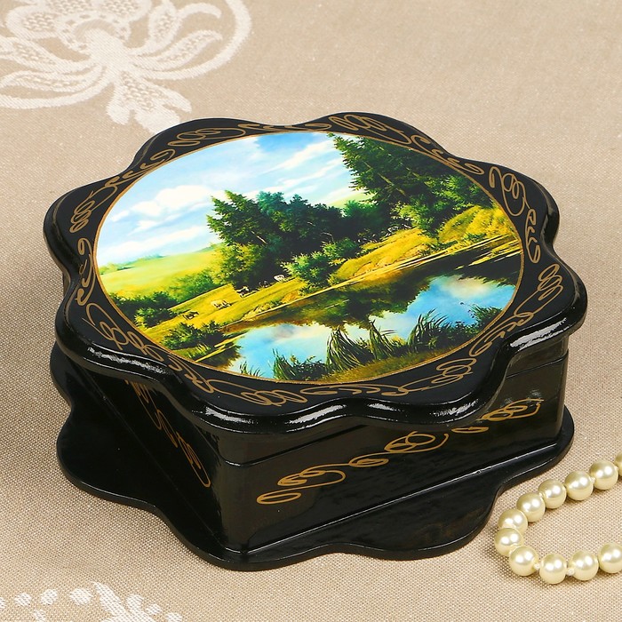 Шкатулка «Поле у пруда», 16×16 см, лаковая минитюра