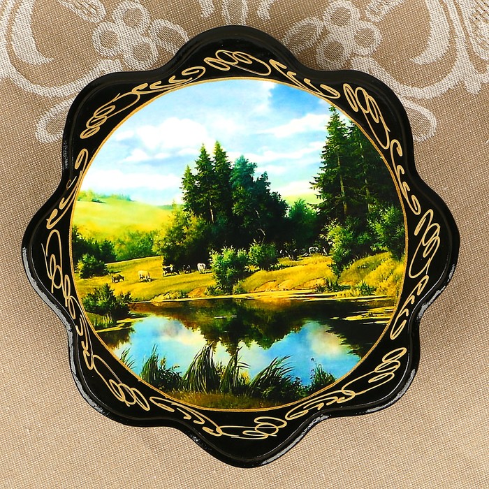 Шкатулка «Поле у пруда», 16×16 см, лаковая минитюра