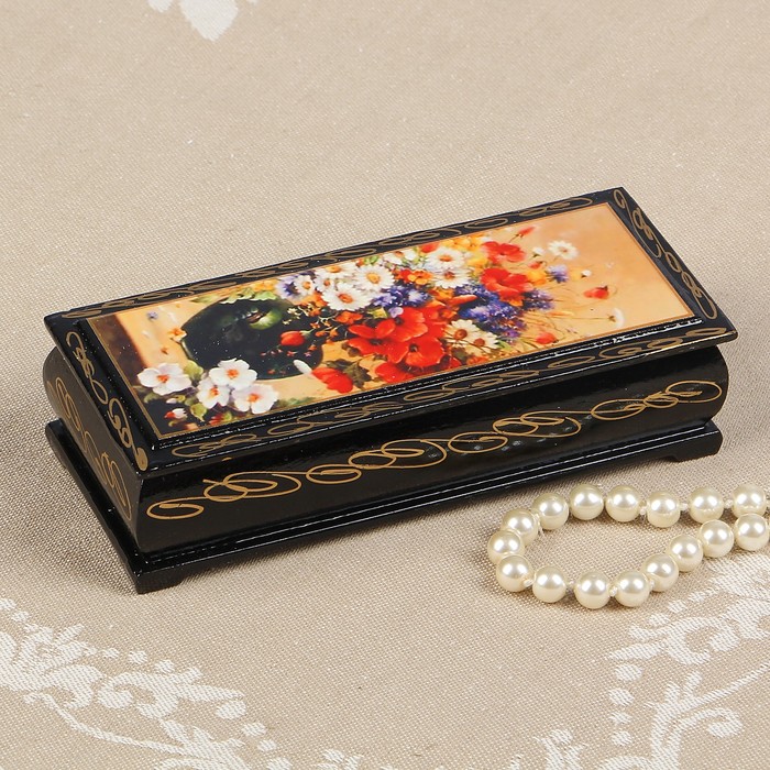 Шкатулка «Полевые цветы в вазе», 14×6 см, лаковая миниатюра