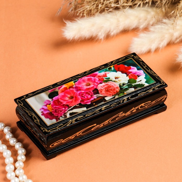 шкатулка розы 14×6 см лаковая миниатюра Шкатулка «Цветы в корзинке», 14×6 см, лаковая миниатюра