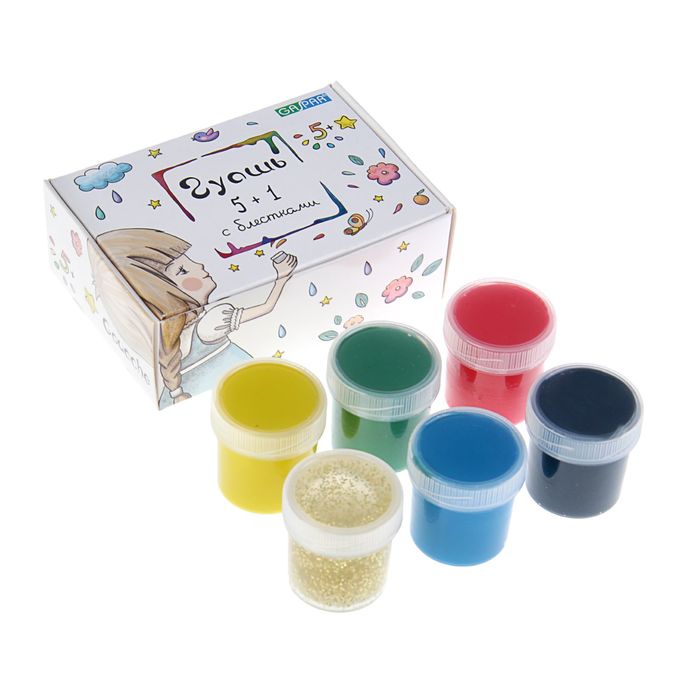 Гуашь карамельная 5 цветов + 1 цвет с блестками по 20 мл GASPAR