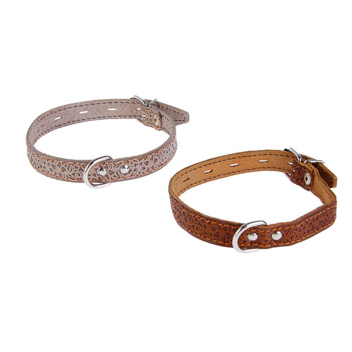 Ошейник кожаный однослойный с тиснением "Цветок", 48 х 2 см, коричневый микс