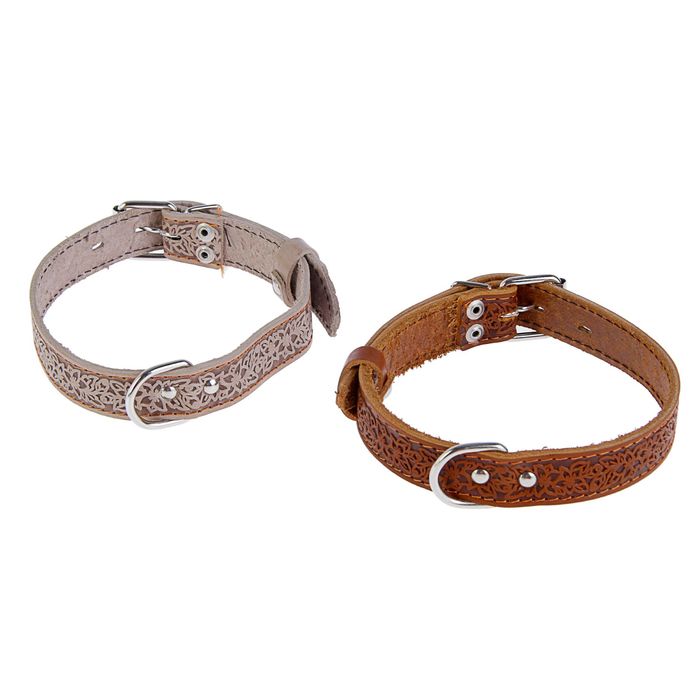 Ошейник кожаный однослойный с тиснением "Цветок", 55 х 2,5 см, коричневый микс