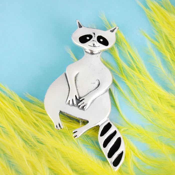 Брошь "Енот", цвет чёрный в чернёном серебре