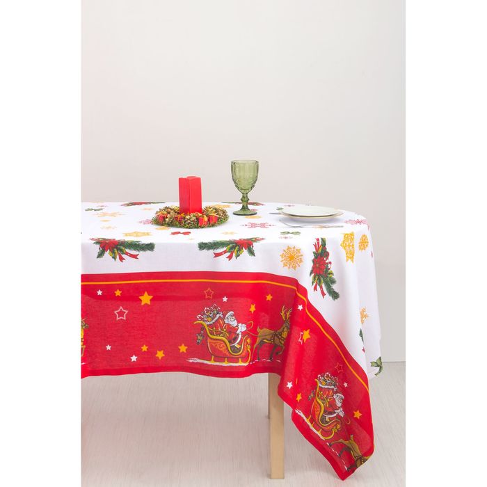 Скатерть "Доляна" Новогодние сани 150*200 см, 100% хлопок, рогожка, 162 г/м2