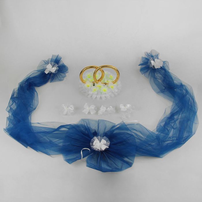 Набор кольца+ленты из фатина на капот+банты на зер. дл.1,9м+бант на рад.+4 банта,синий белый