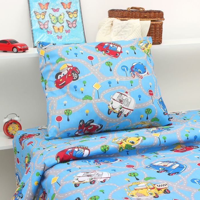 Постельное бельё "Экономь и Я" 1,5 сп. Синие Машинки 145х210 ± 5 см, 150х210 ± 5 см, 50х70 ± 5 см, бязь 120 гр/м²