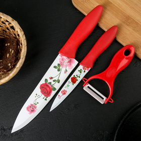 Набор кухонный Доляна «Нарцисс», 3 предмета: 2 ножа с антиналипающим покрытием, лезвие 12 см, овощечистка, 20×4 см, цвет красный