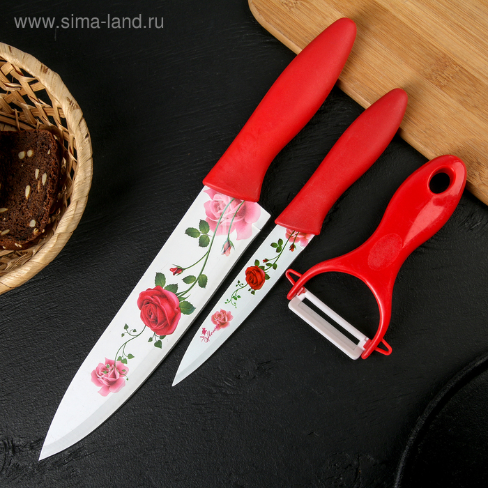 Набор кухонных принадлежностей Доляна «Нарцисс», 3 предмета: 2 ножа с антиналипающим покрытием, лезвие 12 см, овощечистка, 20×4 см, цвет красный