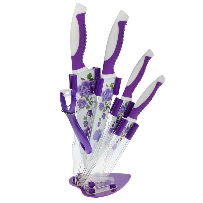 Набор "Фиалка", 5 предметов: 4 ножа 8/13/14,5/17х4 см, овощечистка, на подставке