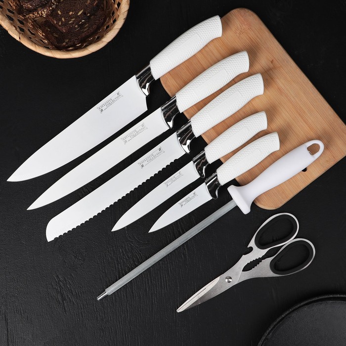 Набор кухонный White, 7 предметов: 5 ножей 20/20/20/12/9 см, мусат, ножницы на подставке