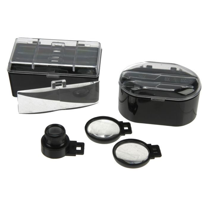 Лупа 1х-3.5х, налобная, бинокулярная, с подсветкой, 5 линз в комп-те, 3 ААА, 14х15х7.5 см