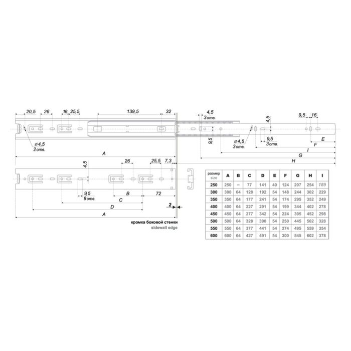 Шариковые направляющие BOYARD, DB4501Zn/600, H=45 мм, L=600 мм, 2 шт.